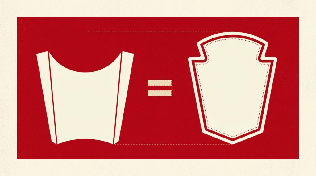 Ilustração comparando a silhueta da caixa de batata frita com o formato de brasão do logo da Heinz