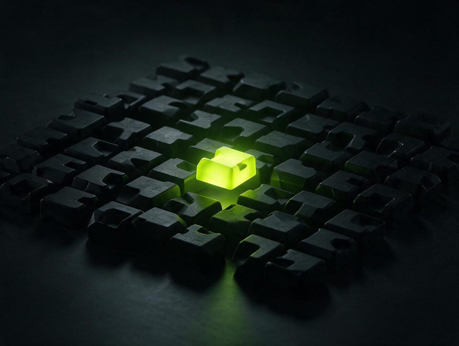 Conjunto de peças escuras iguais com uma delas iluminada em verde, representando a escolha de um formato entre muitos