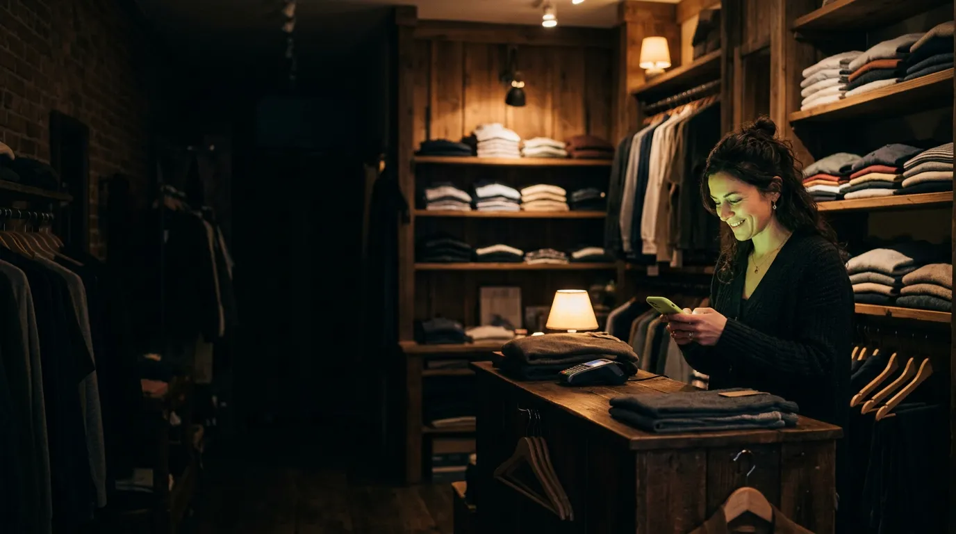 Dona de uma pequena loja de roupas, à noite, atrás do balcão, olhando o celular
