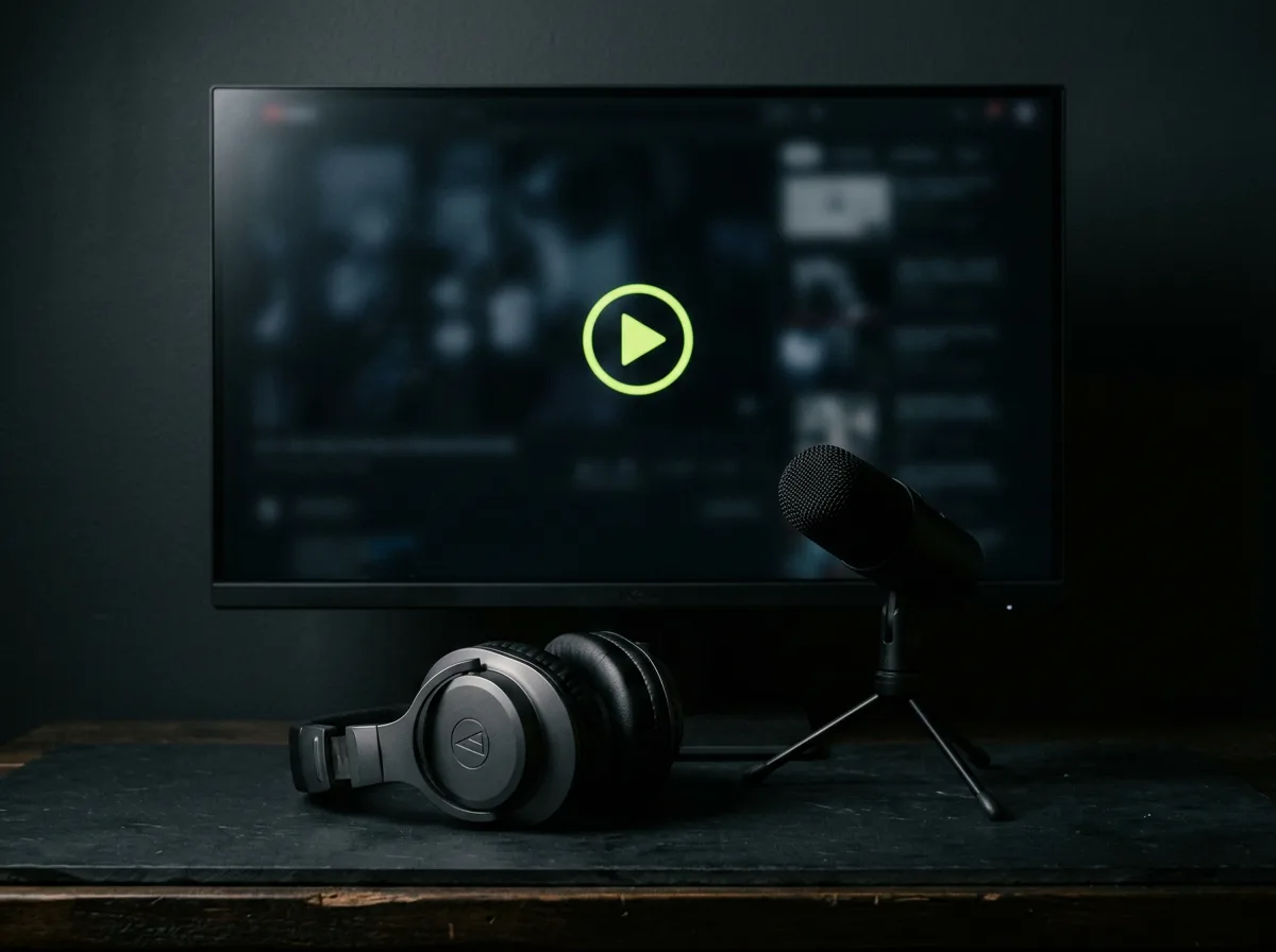 Fone de ouvido e microfone diante de um monitor com ícone de play verde-limão